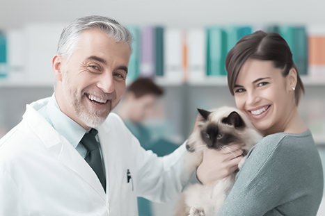 Dois veterinários sorrindo e um deles com um gato no colo