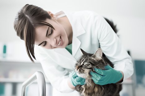 Veterinária afagando um gato